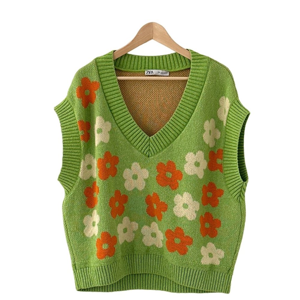 Zara V-Neck Oversized Floral Print Knit Vest